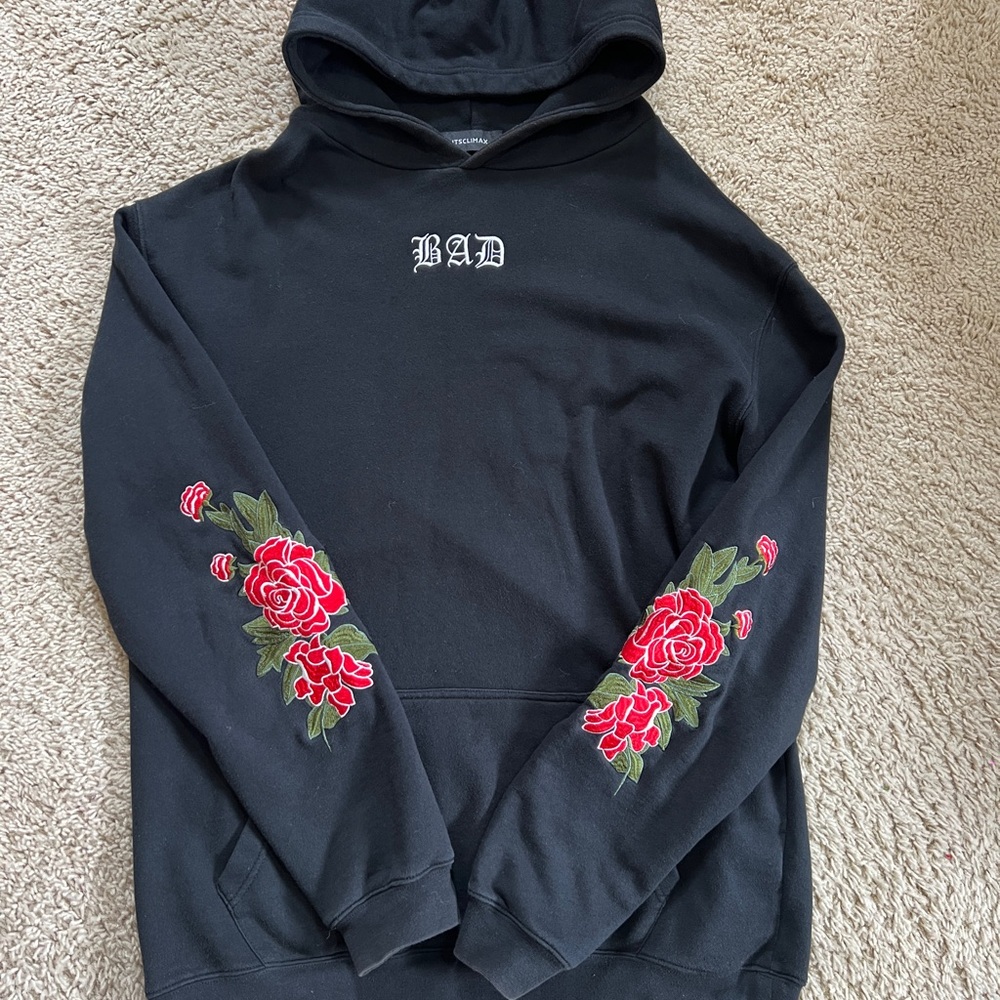 Black Hoodie with Red Floral Embroidery